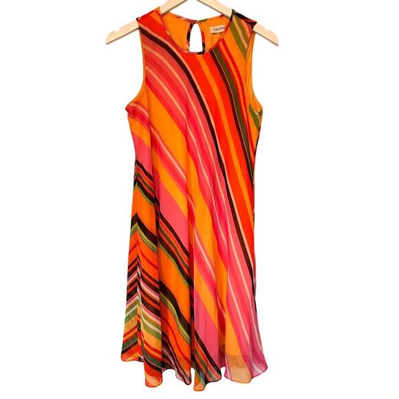 Calvin Klein Size 10 Pink Orange Sleeveless Striped Knee Length Flowy Boho Dress - Picture 1 of 9